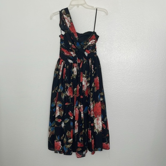 Unique Vintage Black Floral Roses One Shoulder Pinup Retro Dress Size Small - Picture 6 of 8
